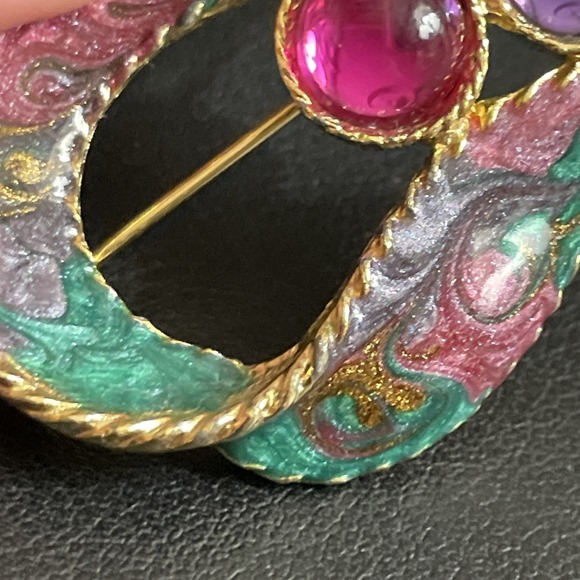 Vintage Swirl Enamel Loop Brooch Asymmetrical Pin Pink Purple Gold Tone Jewelry - Picture 3 of 10